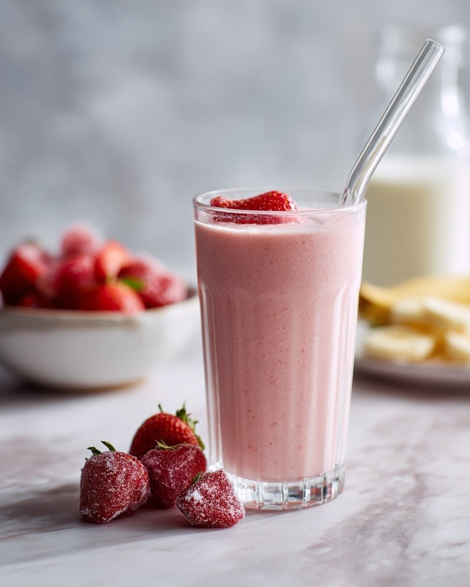 Strawberry Cottage Cheese Smoothie Recipe - Recipe Image — Strawberry Cottage Cheese Smoothie, healthy strawberry smoothie, creamy cottage cheese smoothie, fruit breakfast smoothie, easy berry smoothie