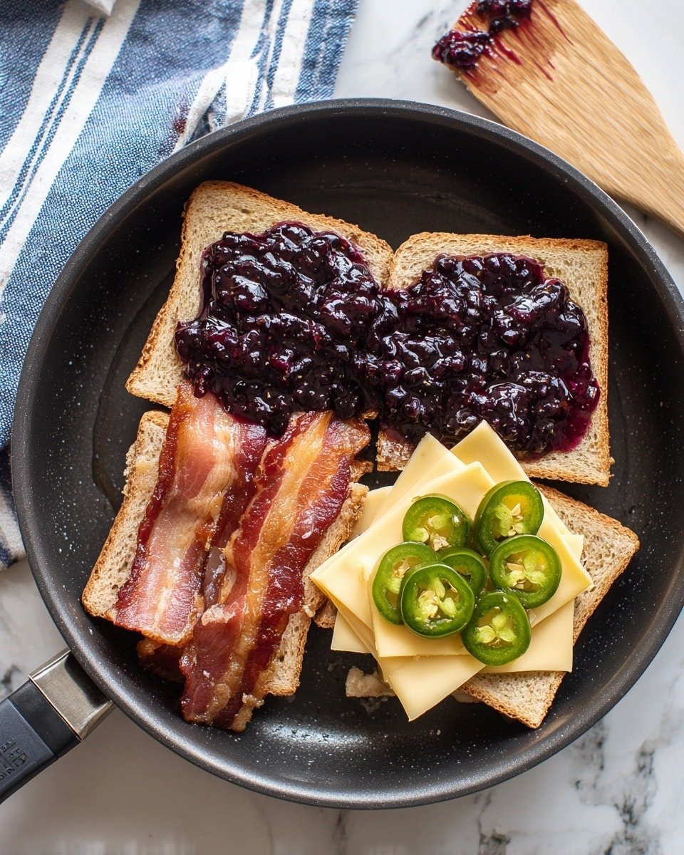Blackberry Bacon Grilled Cheese Recipe - Recipe Image — Blackberry Bacon Grilled Cheese, grilled cheese sandwich with blackberry jam, bacon and cheese melt, easy gourmet grilled cheese, sweet and savory grilled cheese