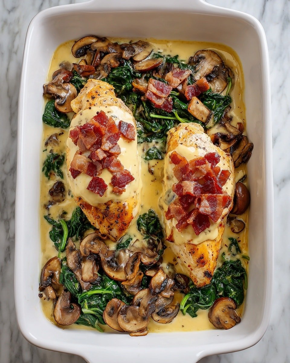 Smothered Chicken with Creamed Spinach, Bacon, and Mushrooms Recipe - Recipe Image — Smothered Chicken with Creamed Spinach, Bacon, and Mushrooms, hearty chicken dinner, comforting chicken recipes, creamy spinach chicken dish, indulgent chicken meal