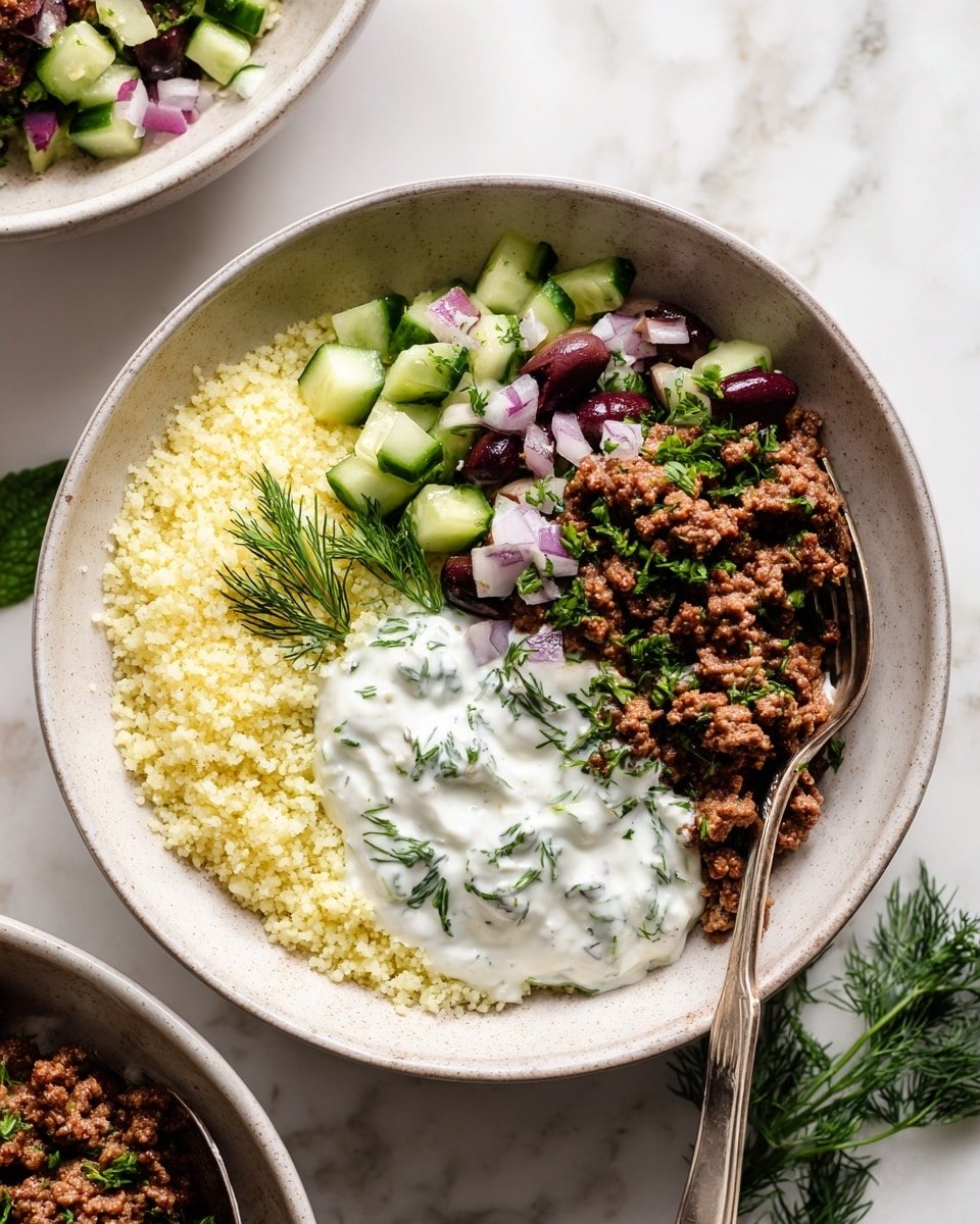 Healthy Greek Ground Chicken Bowls Recipe - Recipe Image — Healthy Greek Ground Chicken Bowls, Greek chicken bowls, Mediterranean chicken bowls, healthy Greek dinner, quick Greek chicken meal