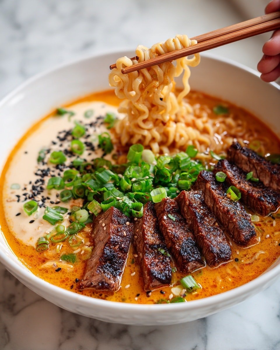 Spicy Korean Ramen with Grilled Beef & Creamy Sauce Recipe - Recipe Image — Spicy Korean Ramen with Grilled Beef & Creamy Sauce, Korean Ramen recipe, Spicy ramen bowl, Grilled beef ramen dish, Creamy ramen sauce recipe