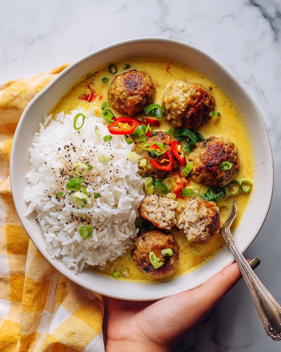 Jerk Pork Meatballs in Coconut Curry Sauce Recipe - Recipe Image — Jerk Pork Meatballs in Coconut Curry, Caribbean-inspired Meatballs with Coconut Curry, Spicy Jerk Pork Meatballs in Creamy Coconut Sauce, Tropical Jerk Pork Meatballs Recipe, Easy Caribbean Meatballs in Coconut Sauce
