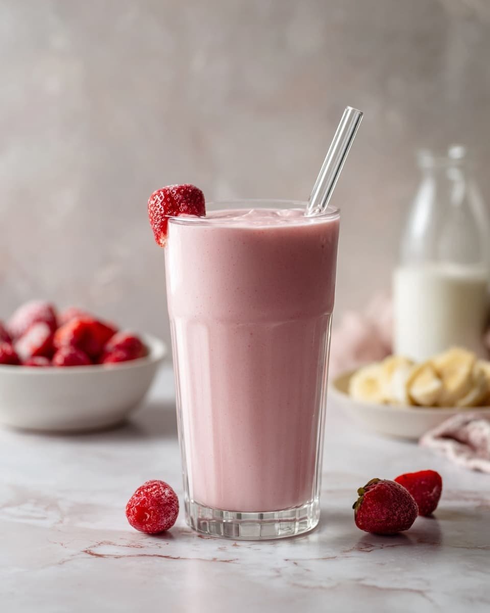 Strawberry Cottage Cheese Smoothie Recipe - Recipe Image — Strawberry Cottage Cheese Smoothie, healthy strawberry smoothie, creamy cottage cheese smoothie, fruit breakfast smoothie, easy berry smoothie