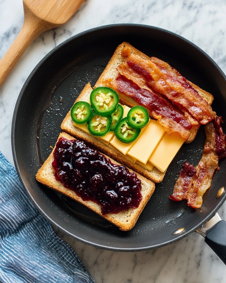 Blackberry Bacon Grilled Cheese Recipe - Recipe Image — Blackberry Bacon Grilled Cheese, grilled cheese sandwich with blackberry jam, bacon and cheese melt, easy gourmet grilled cheese, sweet and savory grilled cheese
