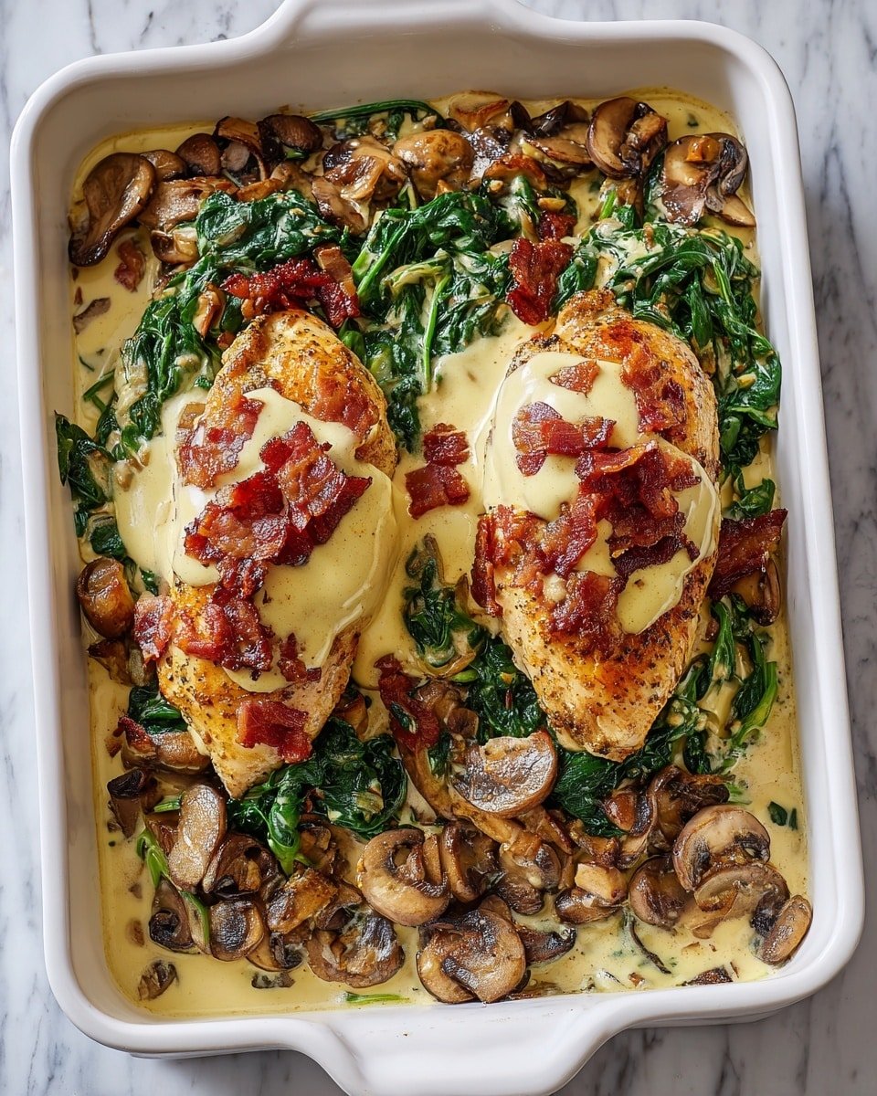 Smothered Chicken with Creamed Spinach, Bacon, and Mushrooms Recipe - Recipe Image — Smothered Chicken with Creamed Spinach, Bacon, and Mushrooms, hearty chicken dinner, comforting chicken recipes, creamy spinach chicken dish, indulgent chicken meal