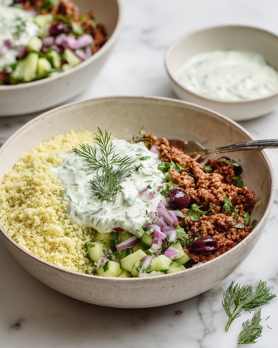Healthy Greek Ground Chicken Bowls Recipe - Recipe Image — Healthy Greek Ground Chicken Bowls, Greek chicken bowls, Mediterranean chicken bowls, healthy Greek dinner, quick Greek chicken meal