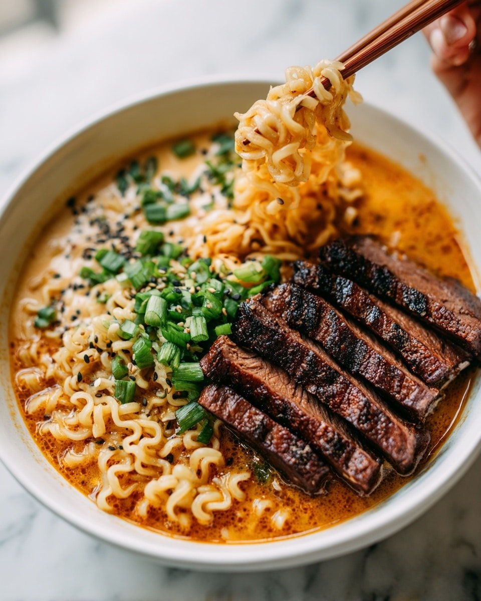 Spicy Korean Ramen with Grilled Beef & Creamy Sauce Recipe - Recipe Image — Spicy Korean Ramen with Grilled Beef & Creamy Sauce, Korean Ramen recipe, Spicy ramen bowl, Grilled beef ramen dish, Creamy ramen sauce recipe