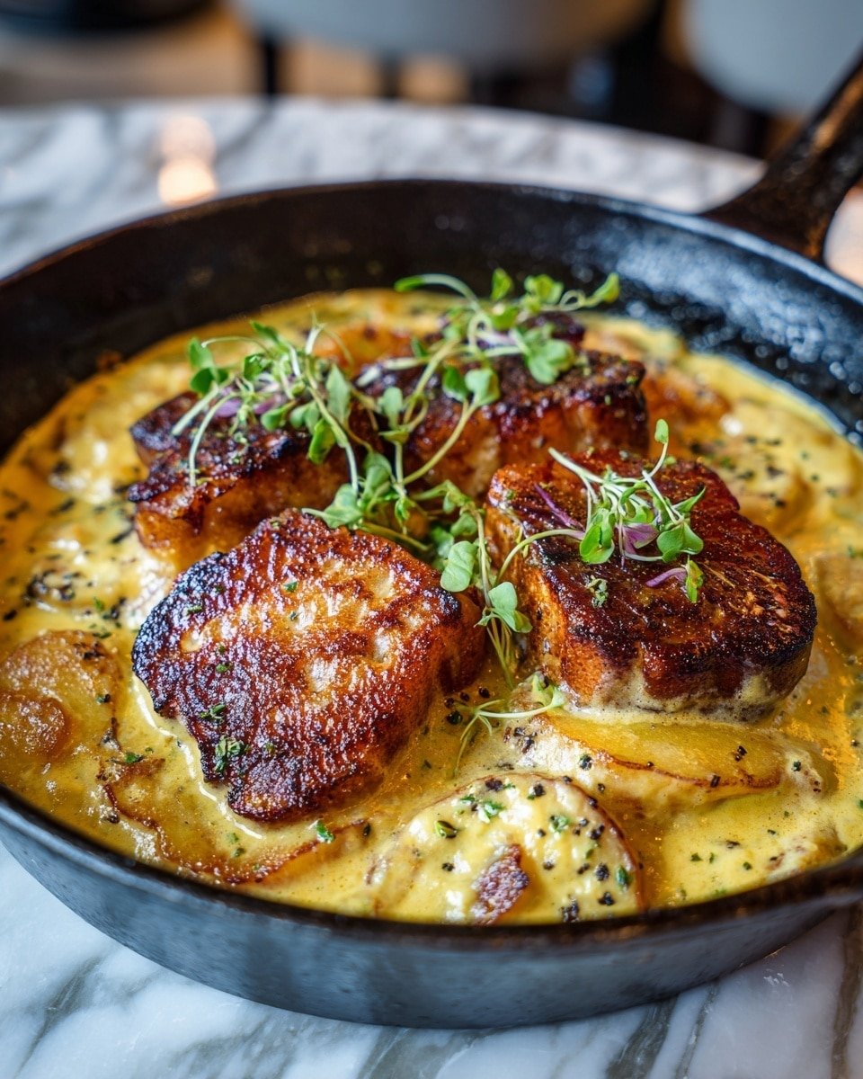 Smothered Pork Chop and Scalloped Potato Casserole Recipe - Recipe Image — Smothered Pork Chop and Scalloped Potato Casserole, hearty pork chop casserole, cheesy scalloped potatoes, comfort food casserole recipes, easy pork chop dinner