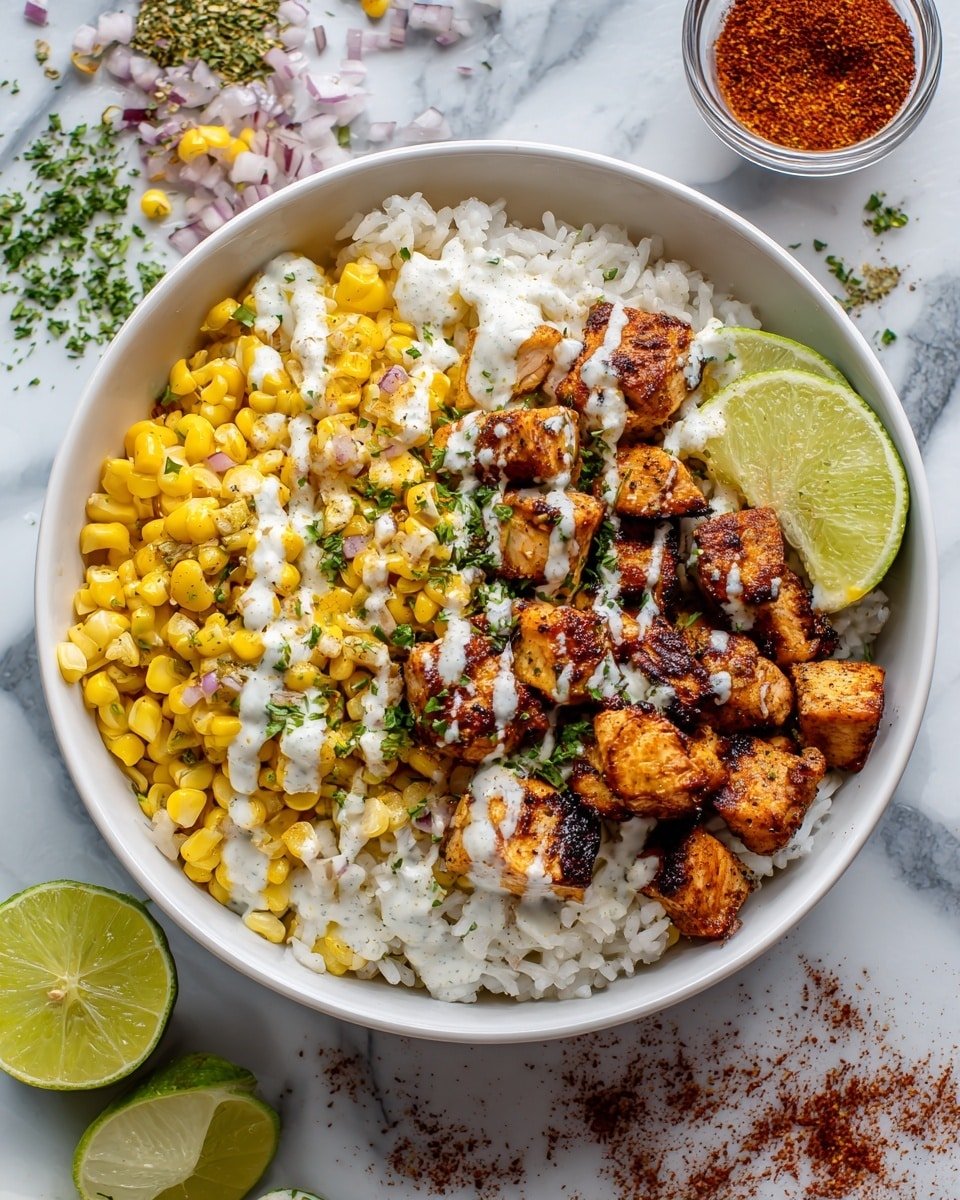 Street Corn Chicken and Rice Bowls Recipe - Recipe Image — Street Corn Chicken and Rice Bowls, Mexican street food bowls, spicy chicken and corn bowl, flavorful rice bowls, easy street corn chicken dish