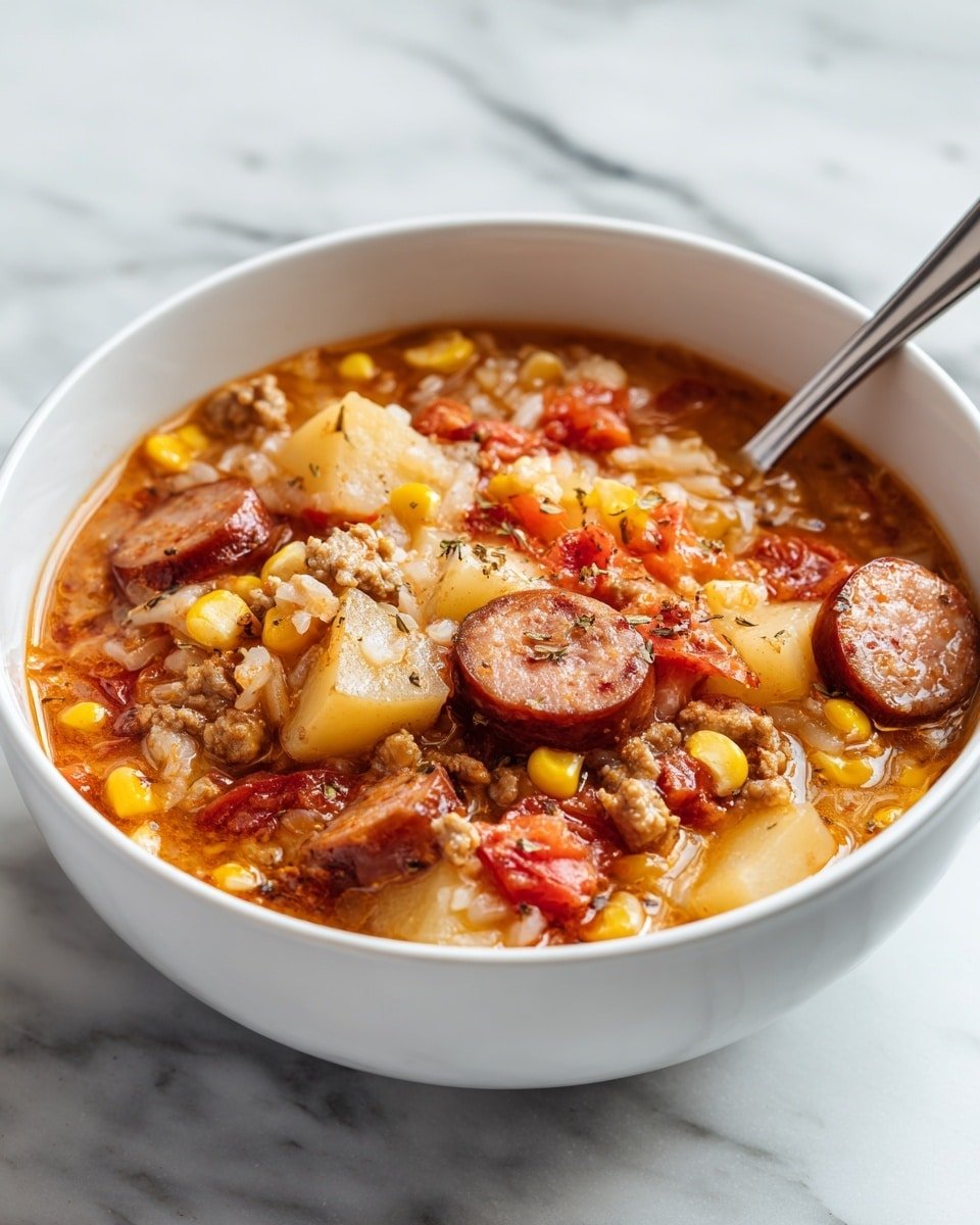 Texas Cowboy Stew Recipe - Recipe Image — Texas Cowboy Stew, hearty Texas stew, rustic beef and sausage stew, comforting cowboy stew, easy weekend stew recipe
