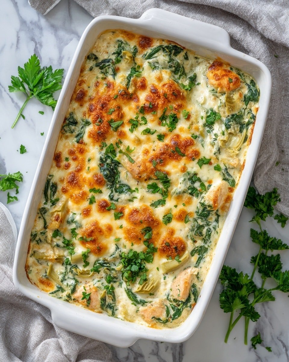Keto Spinach and Artichoke Chicken Casserole Recipe - Recipe Image — Keto Spinach and Artichoke Chicken Casserole, Low-Carb Chicken Casserole, Healthy Spinach and Artichoke Dinner, Keto Chicken Bake, Easy Keto Chicken Casserole