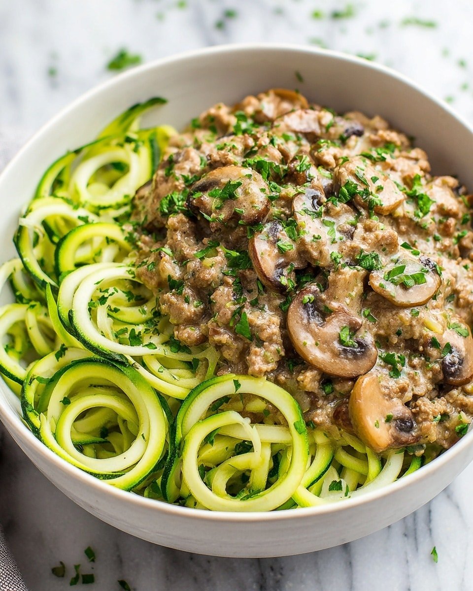 Keto Beef Stroganoff with Creamy Mushroom Sauce and Zucchini Noodles Recipe - Recipe Image — Keto Beef Stroganoff with Creamy Mushroom Sauce and Zucchini Noodles, low-carb beef stroganoff recipe, keto mushroom sauce with zucchini noodles, healthy beef stroganoff, keto comfort food
