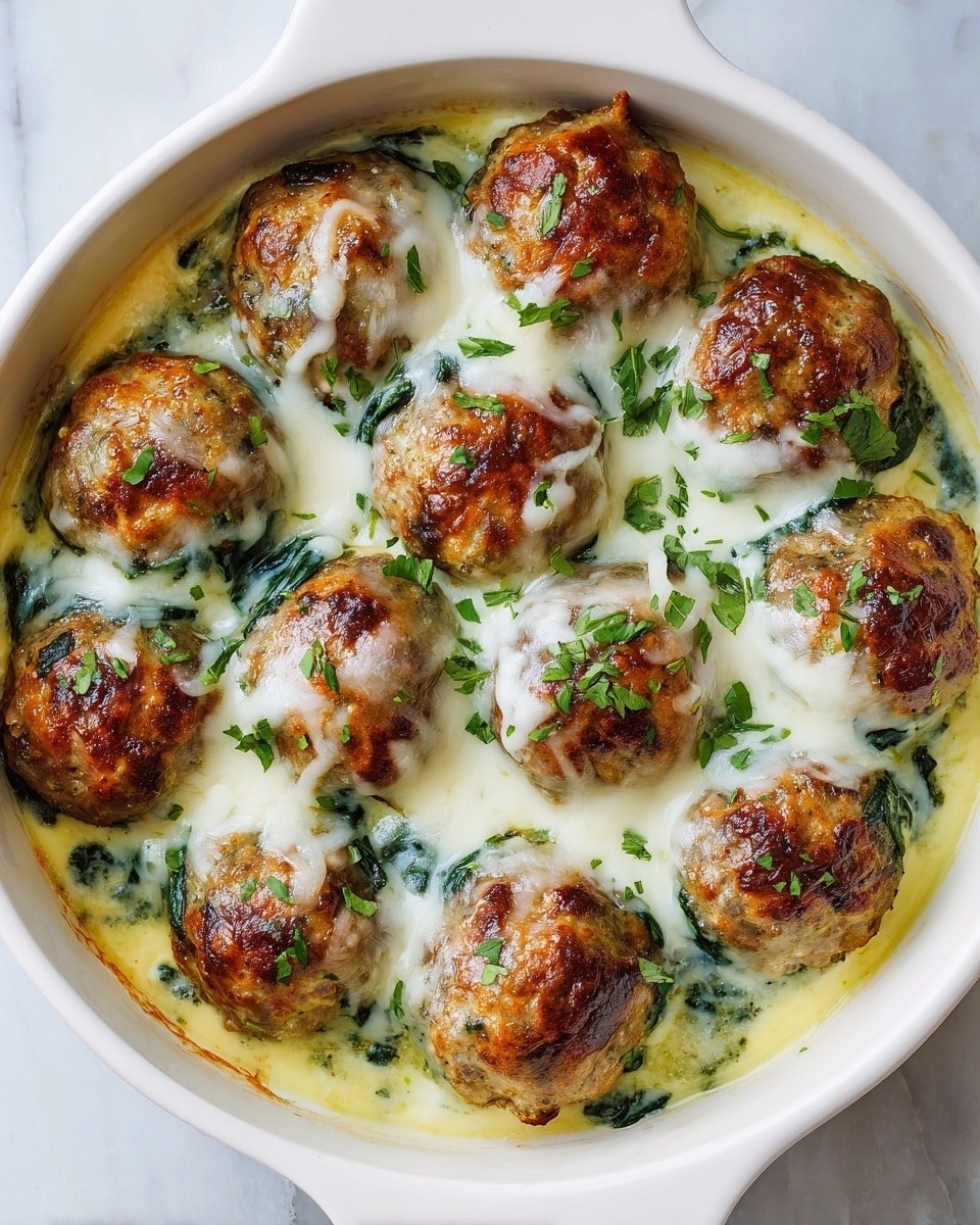 Baked Chicken Ricotta Meatballs with Spinach Alfredo Sauce Recipe - Recipe Image — Baked Chicken Ricotta Meatballs with Spinach Alfredo Sauce, chicken ricotta meatballs, spinach Alfredo sauce, baked meatball recipes, creamy healthy meatballs