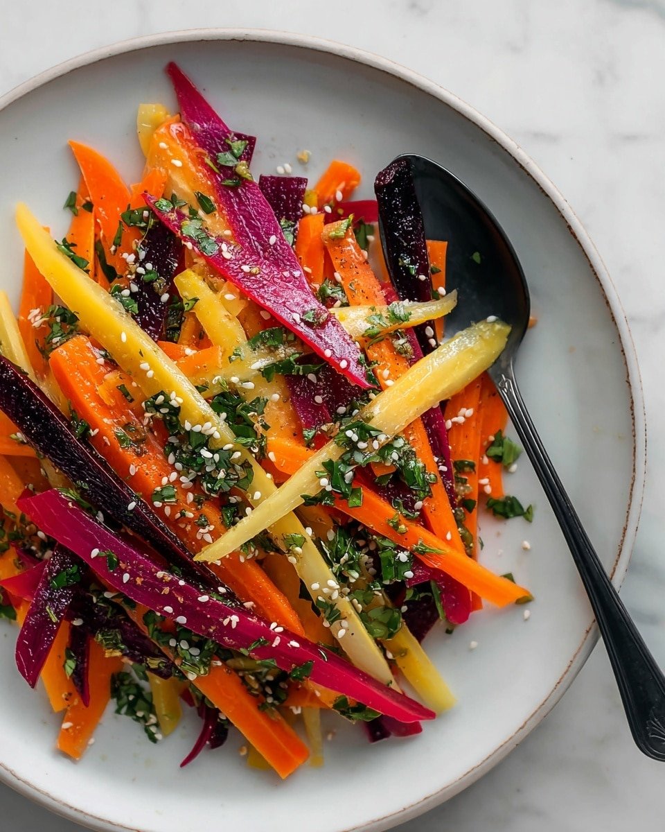 Shaved Rainbow Carrot Sesame Salad Recipe - Recipe Image — Shaved Rainbow Carrot Sesame Salad, vibrant carrot salad, healthy colorful salad, easy vegetable salad, sesame dressings and salads