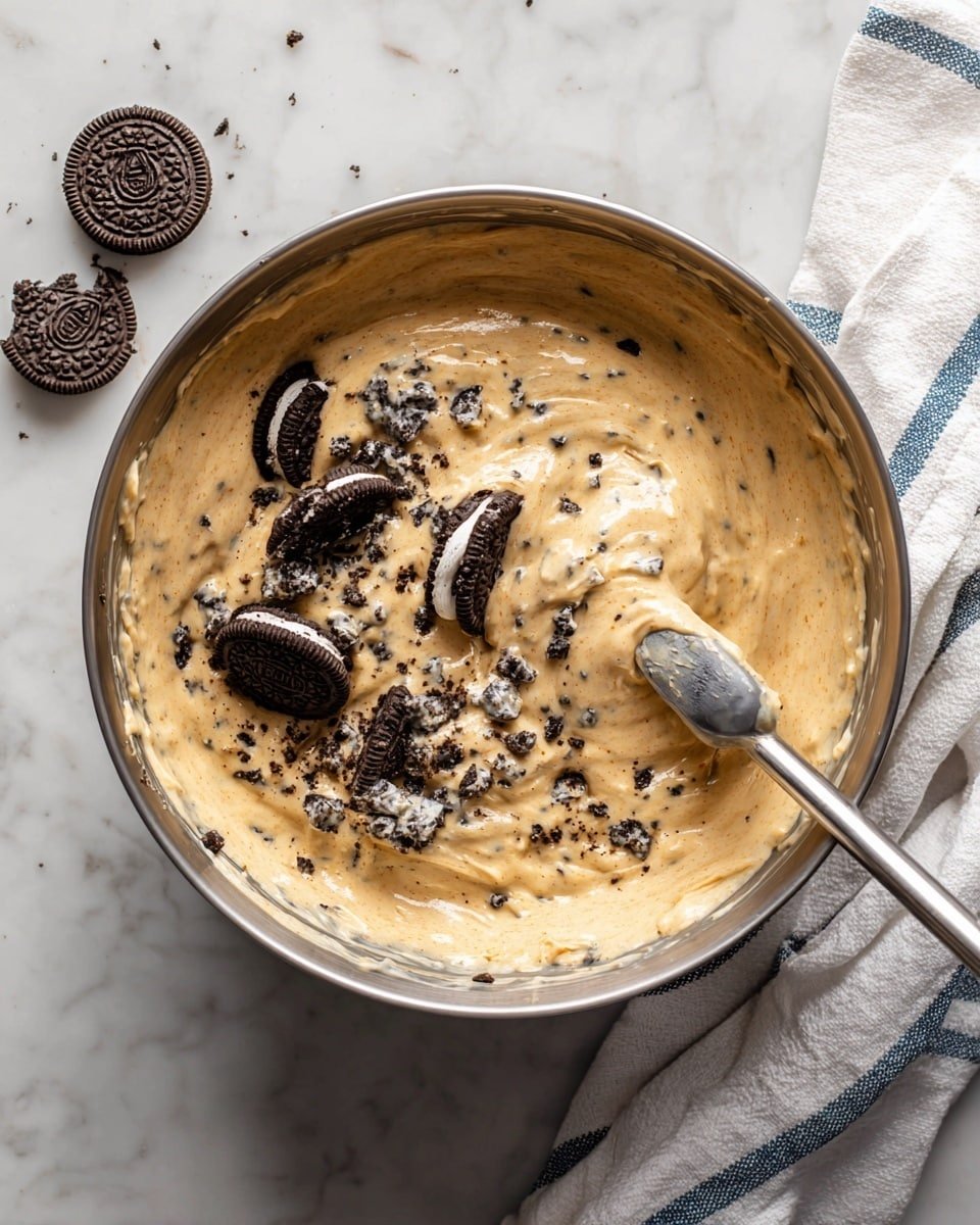 Oreo Cream Cheese Frosting Recipe - Recipe Image — Oreo Cream Cheese Frosting, creamy Oreo frosting, easy Oreo frosting recipe, chocolate chip frosting, decadent cream cheese frosting