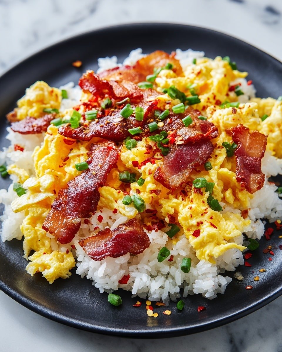 Breakfast Bacon and Green Onion Fried Rice Recipe - Recipe Image — Breakfast Bacon and Green Onion Fried Rice, savory breakfast fried rice, easy breakfast rice recipe, leftover rice ideas, quick breakfast rice