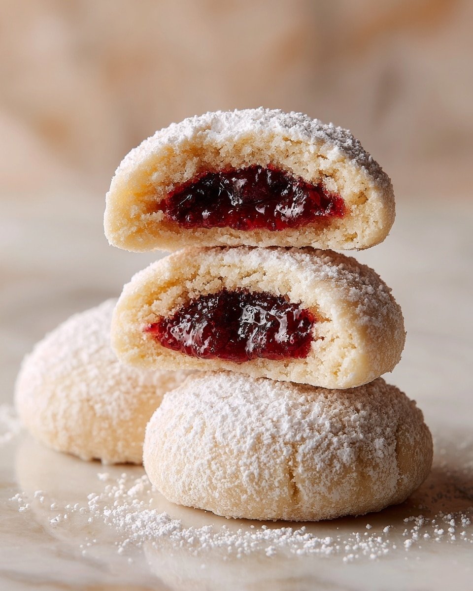 Raspberry Filled Almond Snowball Cookies Recipe - Recipe Image — Raspberry Filled Almond Snowball Cookies, almond snowball cookies, raspberry-filled cookies, holiday snowball cookies, buttery jam-filled cookies