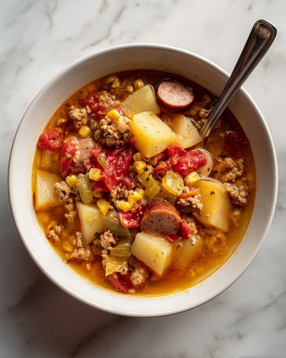 Texas Cowboy Stew Recipe - Recipe Image — Texas Cowboy Stew, hearty Texas stew, rustic beef and sausage stew, comforting cowboy stew, easy weekend stew recipe