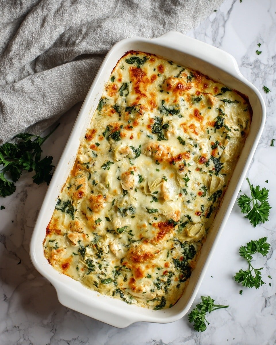 Keto Spinach and Artichoke Chicken Casserole Recipe - Recipe Image — Keto Spinach and Artichoke Chicken Casserole, Low-Carb Chicken Casserole, Healthy Spinach and Artichoke Dinner, Keto Chicken Bake, Easy Keto Chicken Casserole