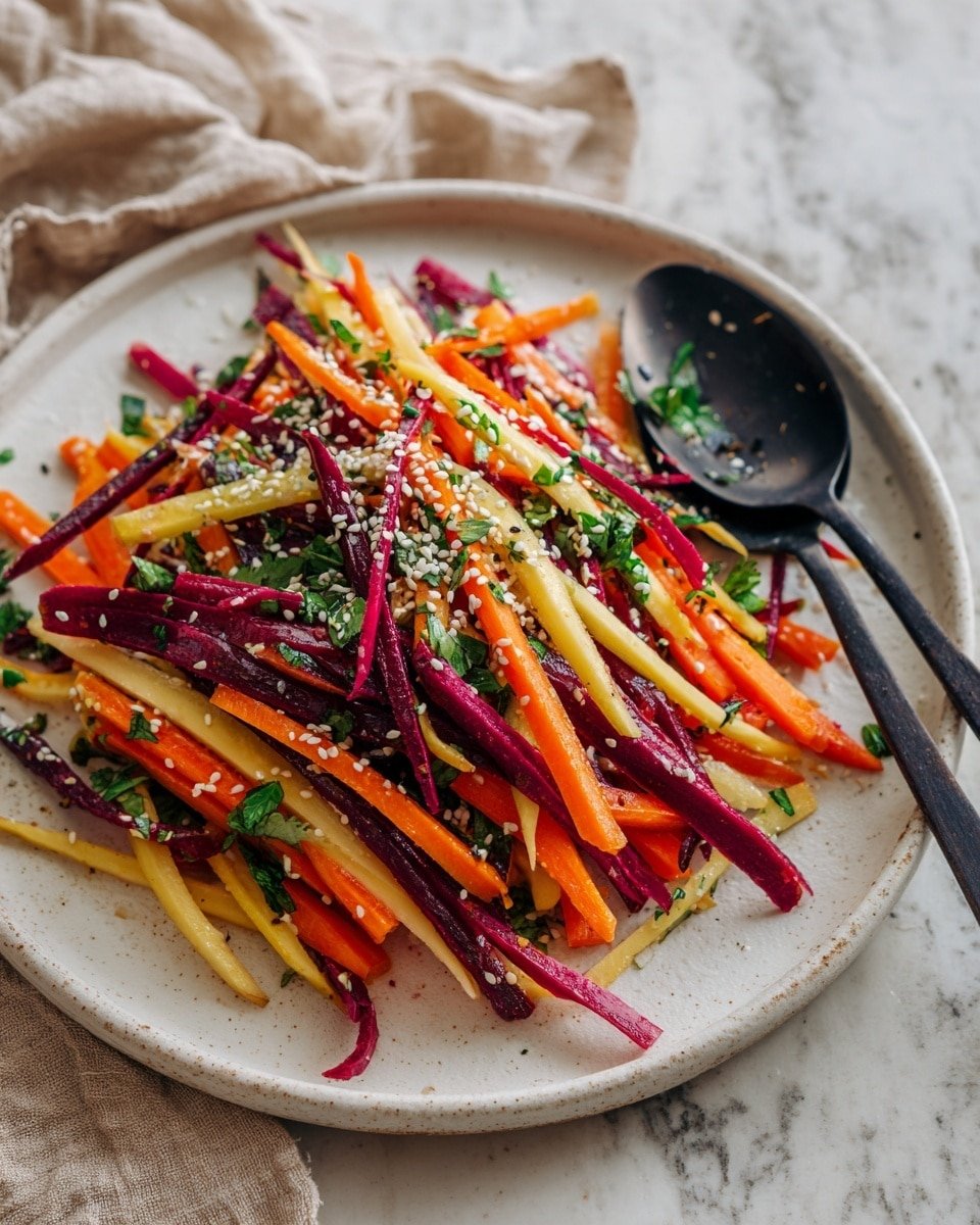 Shaved Rainbow Carrot Sesame Salad Recipe - Recipe Image — Shaved Rainbow Carrot Sesame Salad, vibrant carrot salad, healthy colorful salad, easy vegetable salad, sesame dressings and salads
