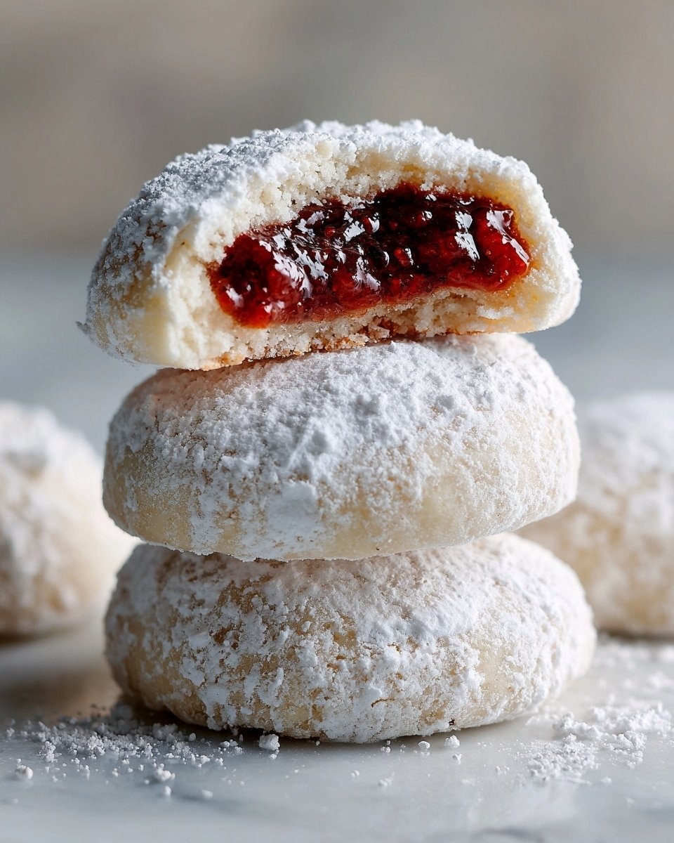 Raspberry Filled Almond Snowball Cookies Recipe - Recipe Image — Raspberry Filled Almond Snowball Cookies, almond snowball cookies, raspberry-filled cookies, holiday snowball cookies, buttery jam-filled cookies