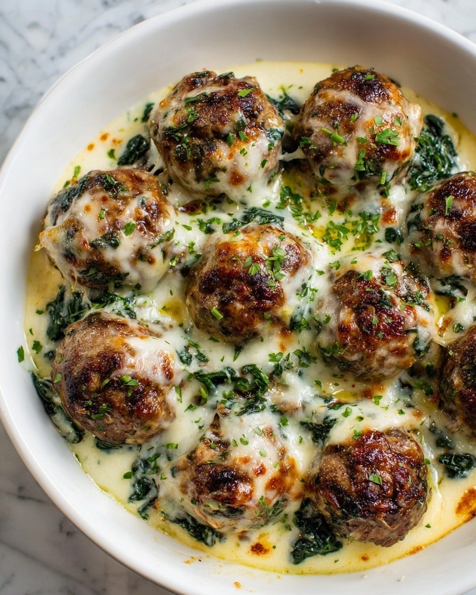 Baked Chicken Ricotta Meatballs with Spinach Alfredo Sauce Recipe - Recipe Image — Baked Chicken Ricotta Meatballs with Spinach Alfredo Sauce, chicken ricotta meatballs, spinach Alfredo sauce, baked meatball recipes, creamy healthy meatballs