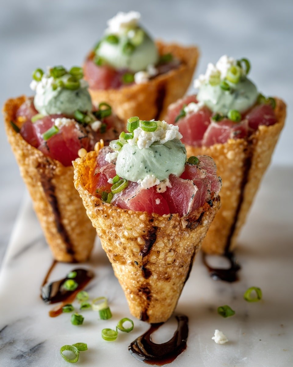 Creative Sushi Wonton Cones Recipe - Recipe Image — Creative Sushi Wonton Cones, sushi wonton cones, fried wonton sushi bites, sushi appetizer ideas, easy sushi cone recipe