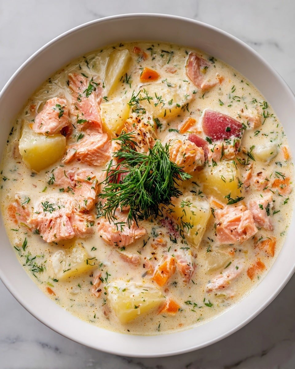 Creamy Dill Salmon Soup with Potatoes and Leeks Recipe - Recipe Image — Creamy Dill Salmon Soup with Potatoes and Leeks, Salmon Soup Recipes, Creamy Salmon and Leek Soup, Easy Salmon Soup, Homemade Salmon Soup with Dill
