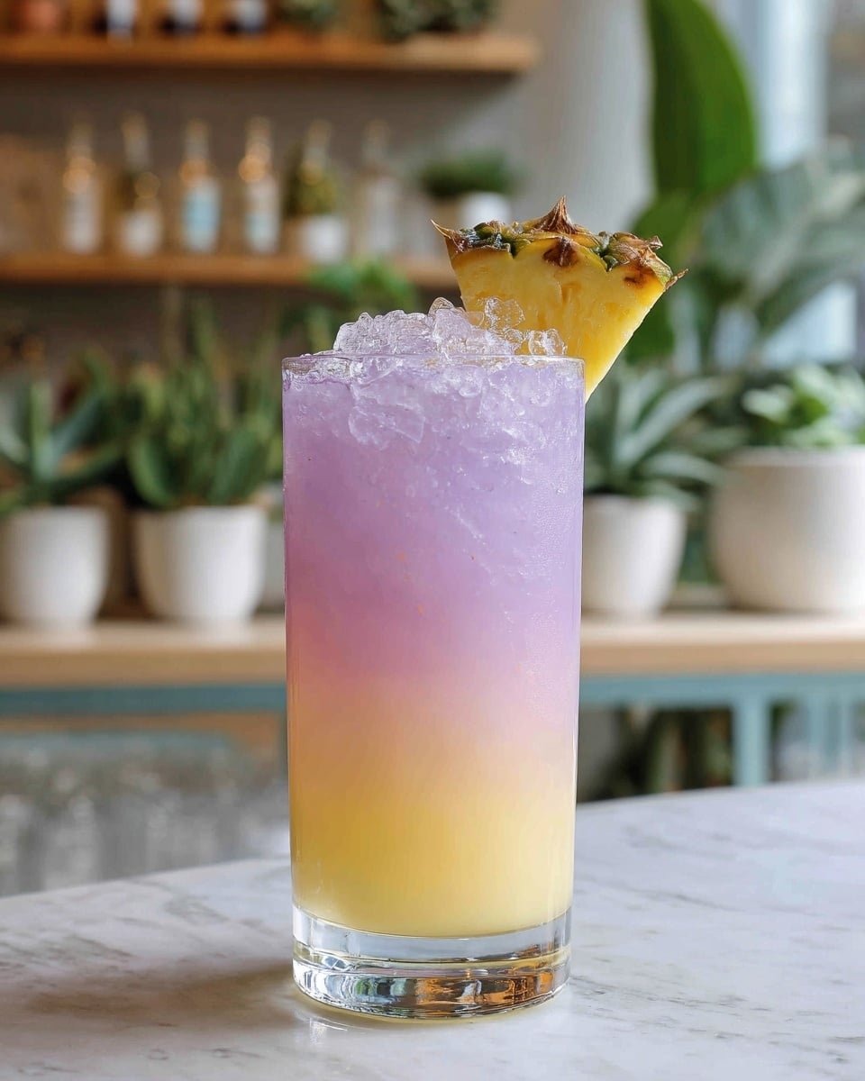 Royal Hawaiian Cocktail Recipe - Recipe Image — Royal Hawaiian Cocktail, tropical cocktail recipe, Empress 1908 Indigo Gin, pineapple cocktail, almond orgeat cocktail