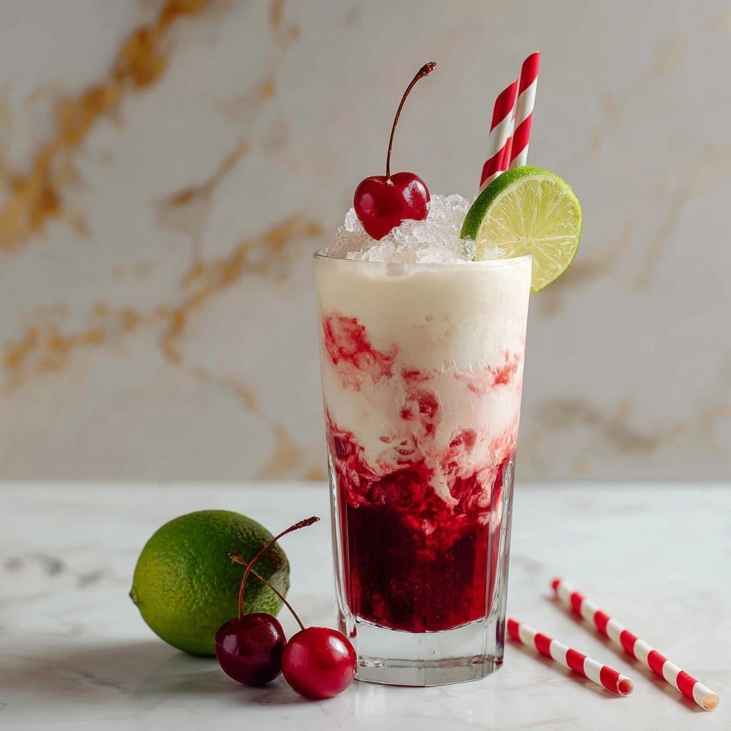 Cherry Lime Frost Dirty Soda Recipe - Recipe Image — Cherry Lime Frost Dirty Soda, refreshing cherry lime soda, citrus soda drink, creamy soda beverage, easy summer soda recipe