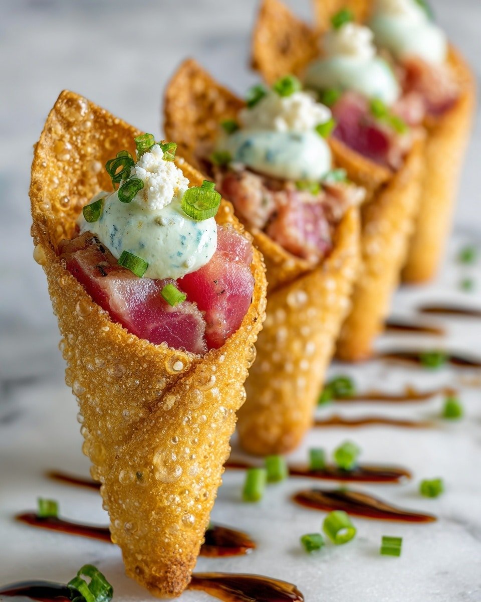 Creative Sushi Wonton Cones Recipe - Recipe Image — Creative Sushi Wonton Cones, sushi wonton cones, fried wonton sushi bites, sushi appetizer ideas, easy sushi cone recipe