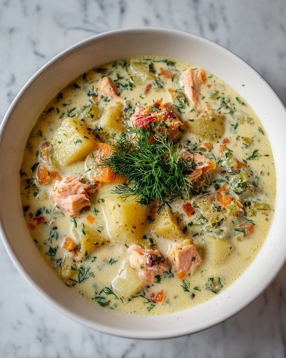 Creamy Dill Salmon Soup with Potatoes and Leeks Recipe - Recipe Image — Creamy Dill Salmon Soup with Potatoes and Leeks, Salmon Soup Recipes, Creamy Salmon and Leek Soup, Easy Salmon Soup, Homemade Salmon Soup with Dill