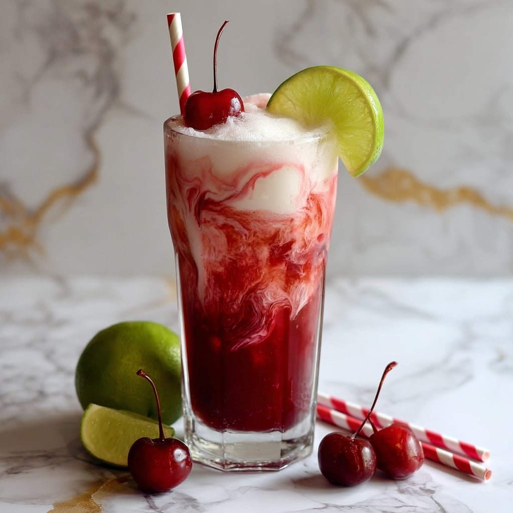 Cherry Lime Frost Dirty Soda Recipe - Recipe Image — Cherry Lime Frost Dirty Soda, refreshing cherry lime soda, citrus soda drink, creamy soda beverage, easy summer soda recipe