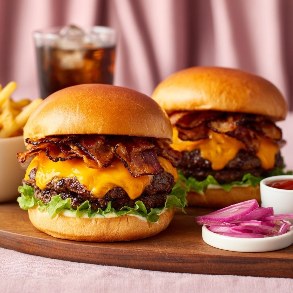 Grilled Cheeseburgers with Crispy Bacon and Pickled Vegetables Recipe - Recipe Image — Grilled Cheeseburgers with Crispy Bacon and Pickled Vegetables, grilled cheeseburger recipe, bacon cheeseburger ideas, homemade burger with pickled toppings, easy summer burger recipes