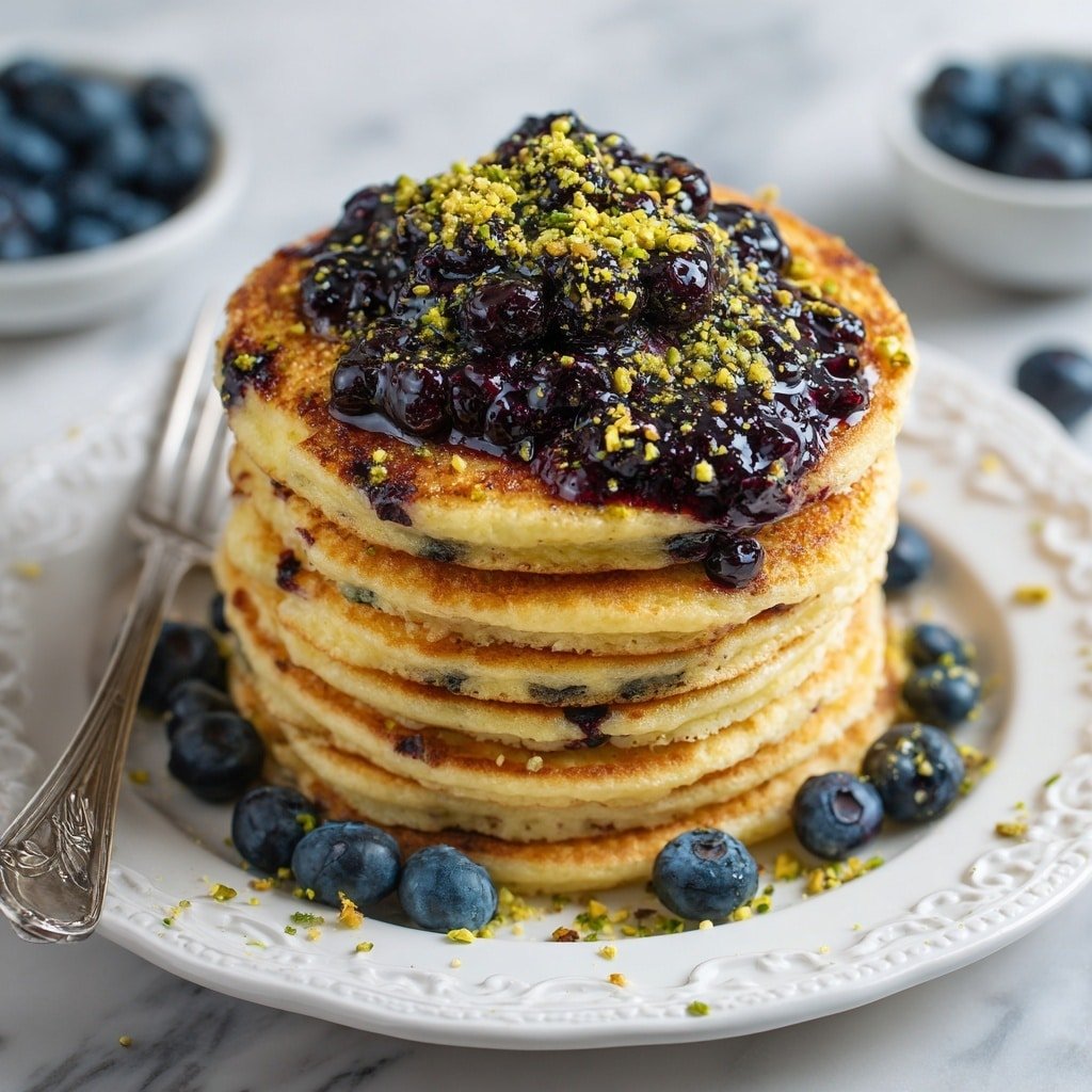 Blueberry Pancakes with Fresh Blueberry Jam and Pistachio Garnish Recipe - Recipe Image — Blueberry Pancakes with Fresh Blueberry Jam and Pistachio Garnish, blueberry pancake recipes, homemade blueberry jam, fluffy blueberry pancakes, pistachio-topped breakfast dish
