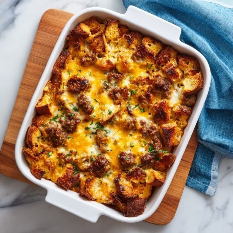 Hearty Breakfast Casserole with Sausage, Cheddar, and Bread Recipe