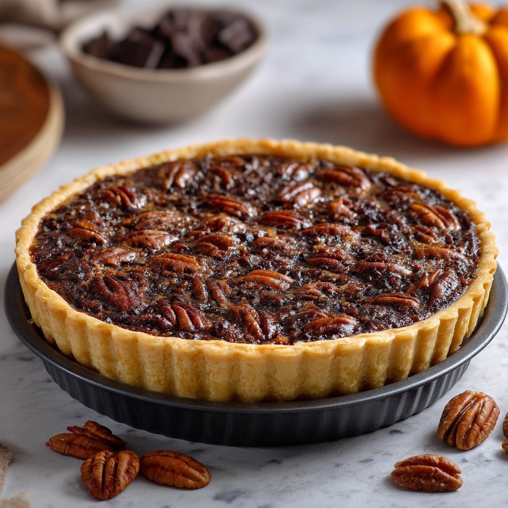 Chocolate Bourbon Pecan Pie Recipe - Recipe Image — Chocolate Bourbon Pecan Pie, how to make chocolate pecan pie, bourbon pecan pie recipe, easy pecan pie with chocolate, festive pecan pie desserts