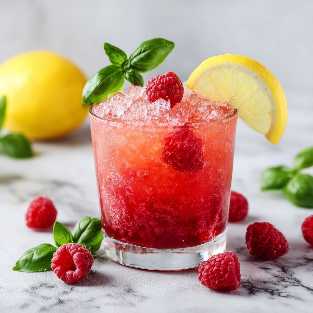 Raspberry Lemon Basil Fizz Recipe - Recipe Image — Raspberry Lemon Basil Fizz, refreshing berry lemon cocktail, summer sparkling drink, easy fruit basil beverage, homemade berry basil soda
