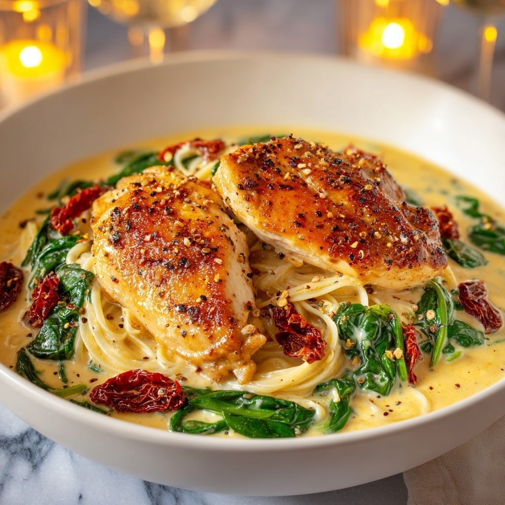 Creamy Tuscan Chicken Recipe - Recipe Image — Creamy Tuscan Chicken, easy chicken dinner recipes, comforting chicken skillet, Italian-inspired chicken recipe, quick and flavorful chicken dish