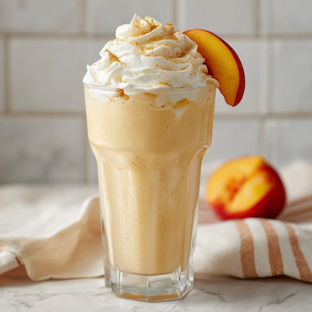 Delicious Peach Vanilla Milkshake Recipe - Recipe Image — Delicious Peach Vanilla Milkshake, peach vanilla milkshake, easy milkshake recipe, homemade fruit milkshake, refreshing summer drinks