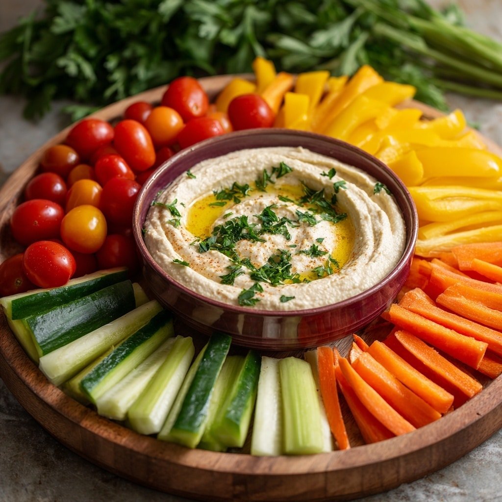 Vegetable Platter with Hummus Recipe - Recipe Image — Vegetable Platter with Hummus, healthy veggie platter ideas, easy vegetable snack, colorful veggie and hummus dip, fresh vegetable platter for gatherings