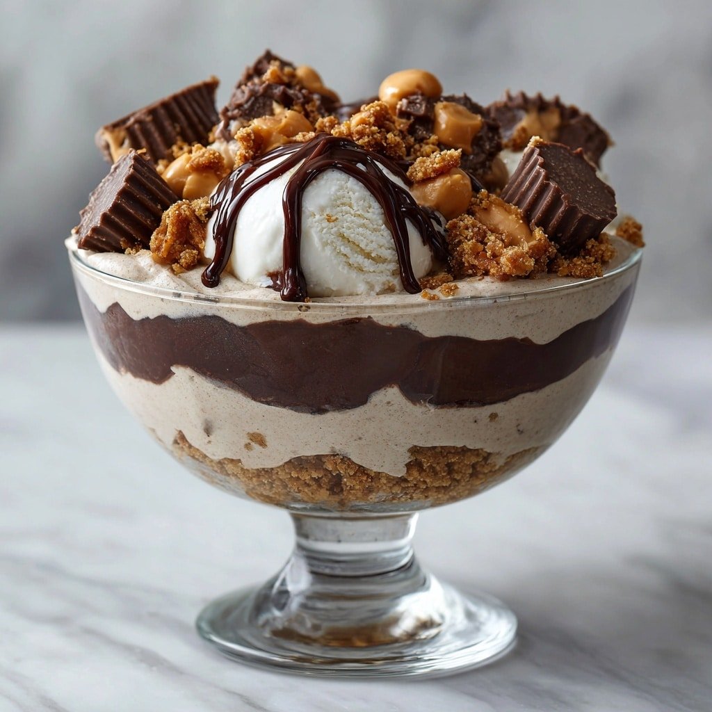 Peanut Butter Cup Sundae Recipe - Recipe Image — Peanut Butter Cup Sundae, Peanut Butter Cup Sundae Recipe, Chocolate Peanut Butter Sundae, Easy Ice Cream Sundae, No-Bake Sundae dessert