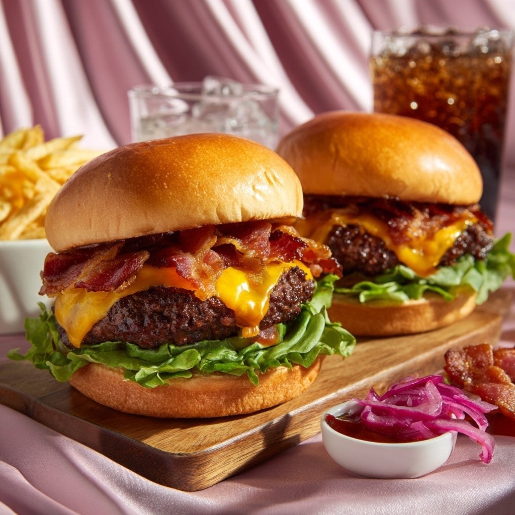 Grilled Cheeseburgers with Crispy Bacon and Pickled Vegetables Recipe - Recipe Image — Grilled Cheeseburgers with Crispy Bacon and Pickled Vegetables, grilled cheeseburger recipe, bacon cheeseburger ideas, homemade burger with pickled toppings, easy summer burger recipes