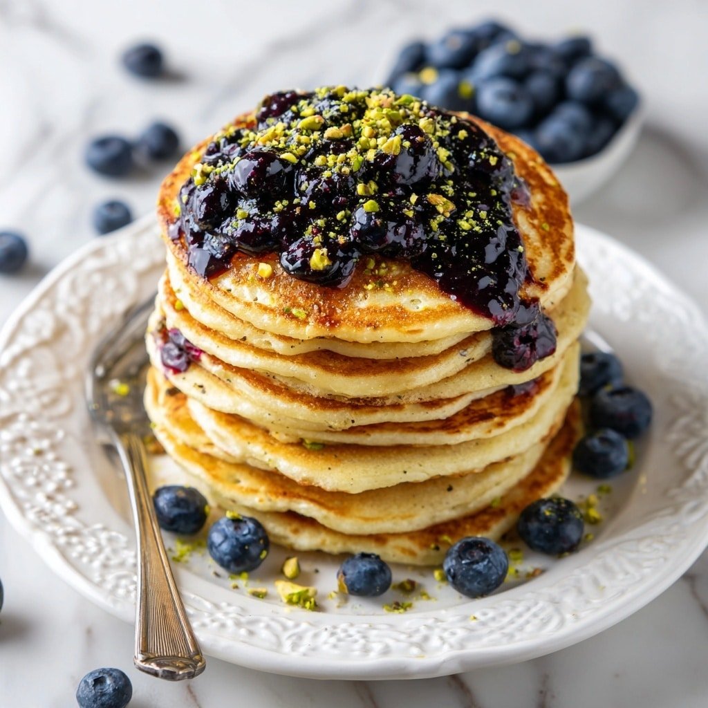 Blueberry Pancakes with Fresh Blueberry Jam and Pistachio Garnish Recipe - Recipe Image — Blueberry Pancakes with Fresh Blueberry Jam and Pistachio Garnish, blueberry pancake recipes, homemade blueberry jam, fluffy blueberry pancakes, pistachio-topped breakfast dish