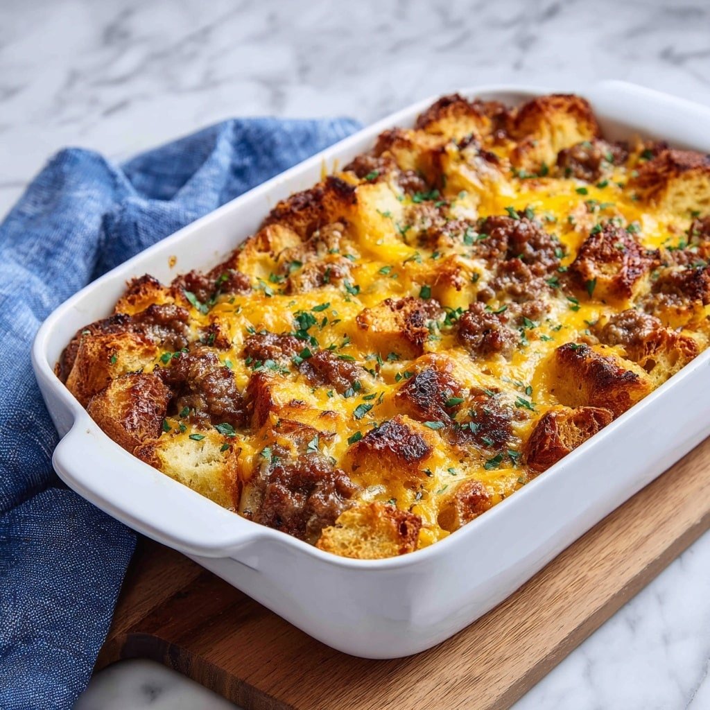 Hearty Breakfast Casserole with Sausage, Cheddar, and Bread Recipe - Recipe Image — Hearty Breakfast Casserole with Sausage, Cheddar, and Bread, breakfast casserole with sausage and cheddar, easy breakfast casserole recipe, savory breakfast bake, weekend breakfast casserole
