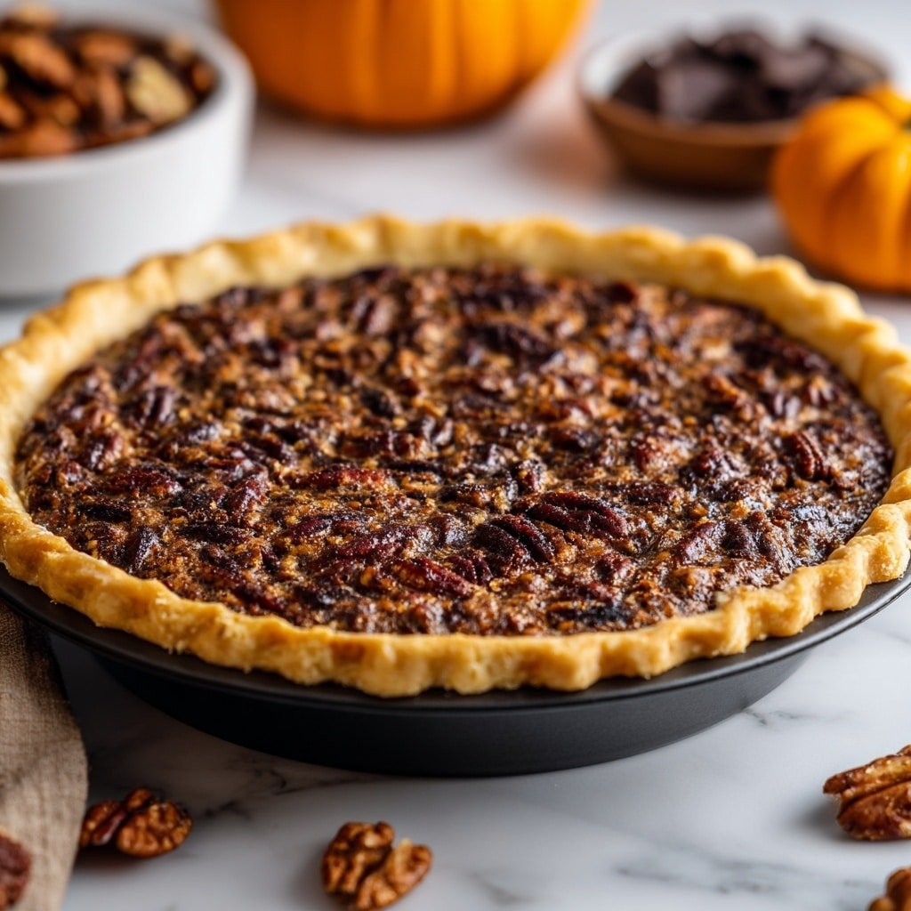 Chocolate Bourbon Pecan Pie Recipe - Recipe Image — Chocolate Bourbon Pecan Pie, how to make chocolate pecan pie, bourbon pecan pie recipe, easy pecan pie with chocolate, festive pecan pie desserts
