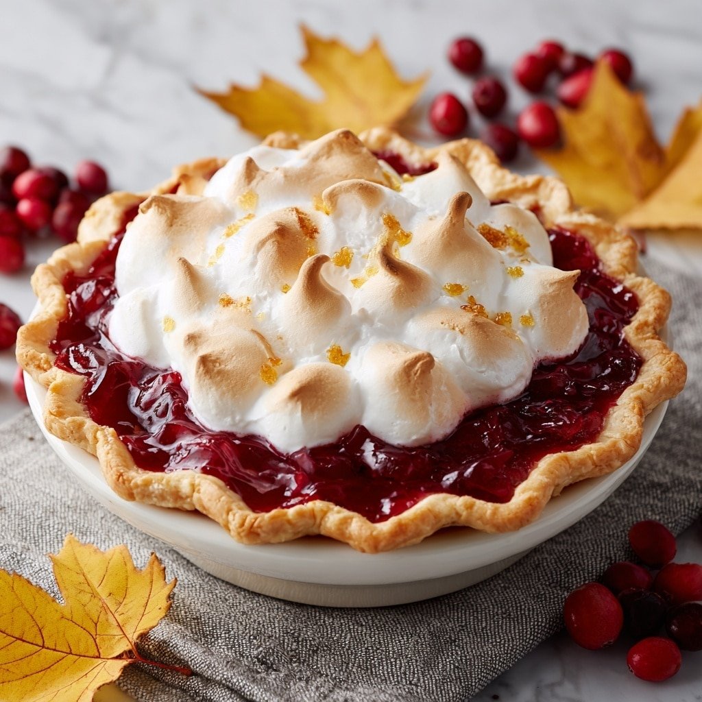 Cranberry Orange Meringue Pie Recipe - Recipe Image — Cranberry Orange Meringue Pie, Cranberry Orange Pie, Meringue Pie with Cranberries and Orange, Quick Cranberry Pie Recipe, Festive Fruit Pie