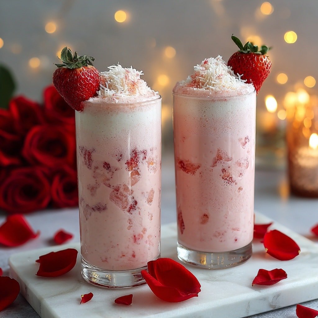 Creamy Strawberry Coconut Mocktail Recipe - Recipe Image — Creamy Strawberry Coconut Mocktail, strawberry coconut mocktail recipe, fruity mocktail drinks, virgin tropical mocktail, refreshing berry coconut beverage