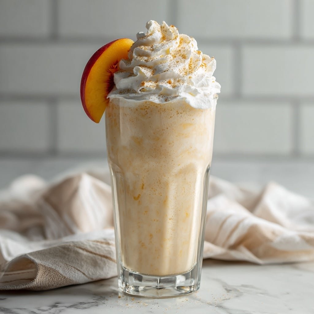 Delicious Peach Vanilla Milkshake Recipe - Recipe Image — Delicious Peach Vanilla Milkshake, peach vanilla milkshake, easy milkshake recipe, homemade fruit milkshake, refreshing summer drinks