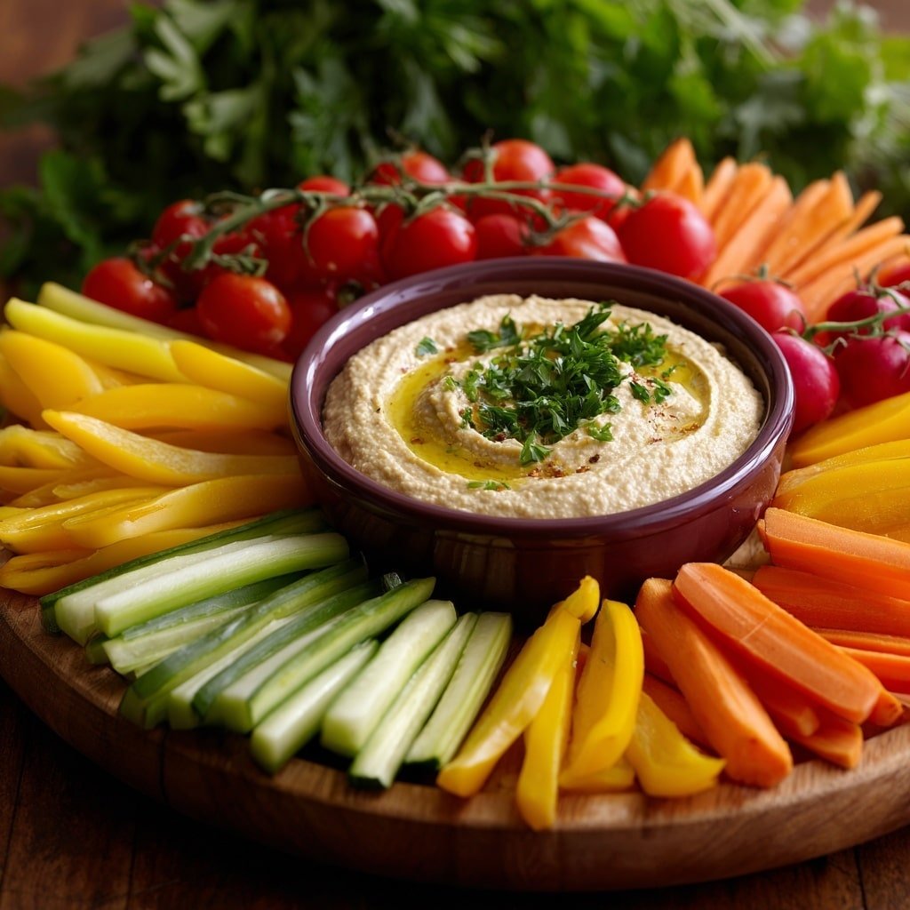 Vegetable Platter with Hummus Recipe - Recipe Image — Vegetable Platter with Hummus, healthy veggie platter ideas, easy vegetable snack, colorful veggie and hummus dip, fresh vegetable platter for gatherings